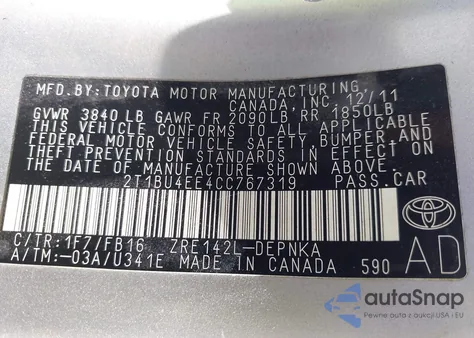 2012 Toyota Corolla Le z USA, uszkodzony, nr VIN 2T1BU4EE4CC767319